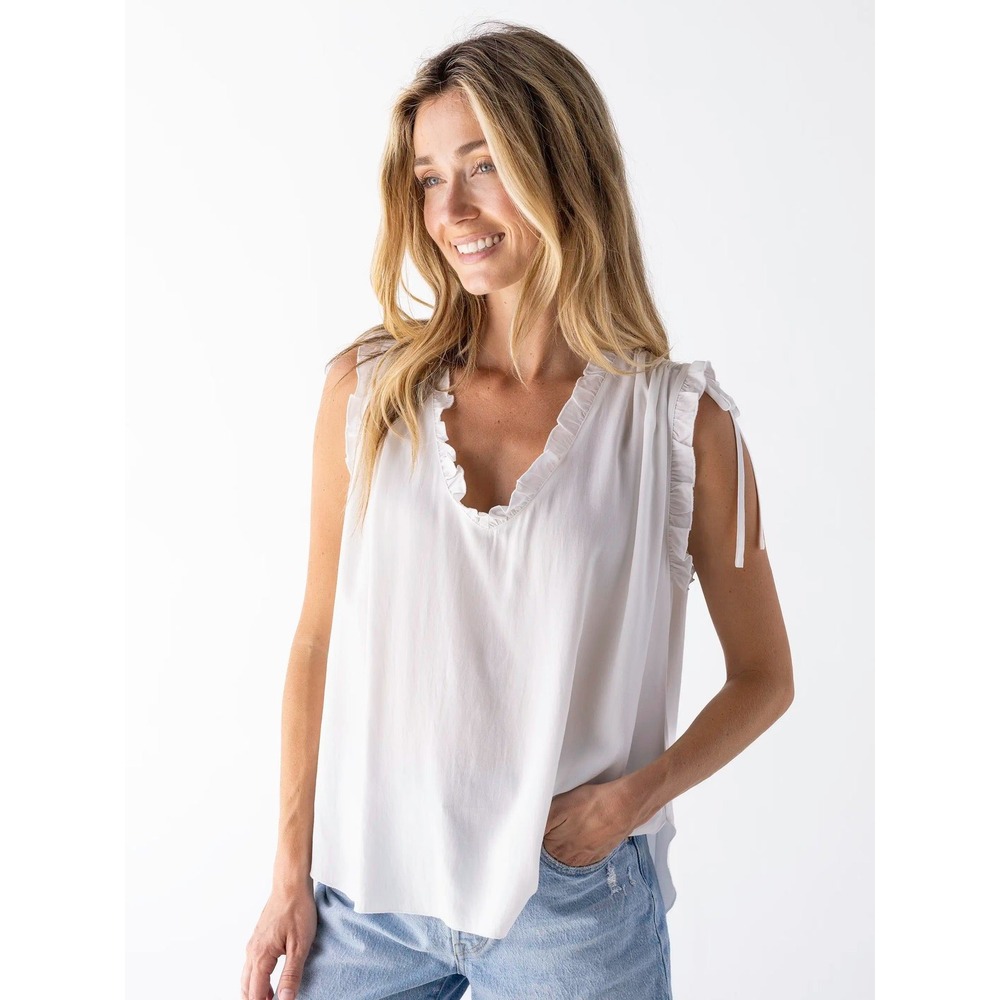 Natural Life Romona Ruffle V-Neck Tank Top Size M White Boho Tie Shoulder Blouse